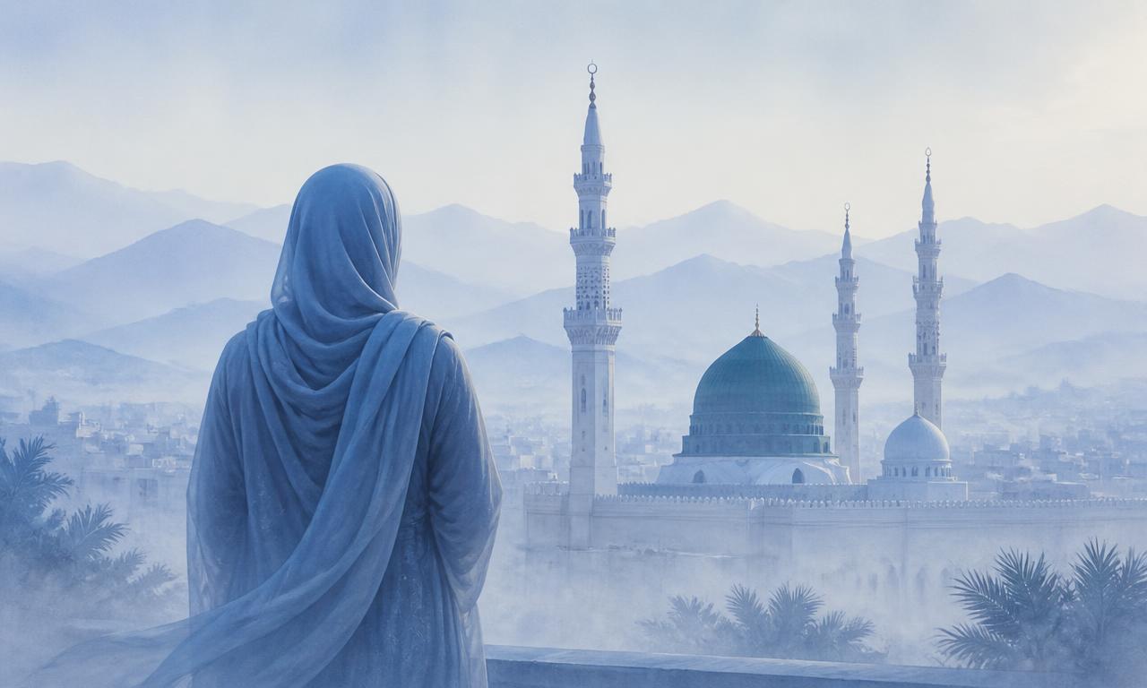 A woman in a headscarf seen from behind, looking towards the misty Madinah skyline and the green dome of the Prophet's Mosque